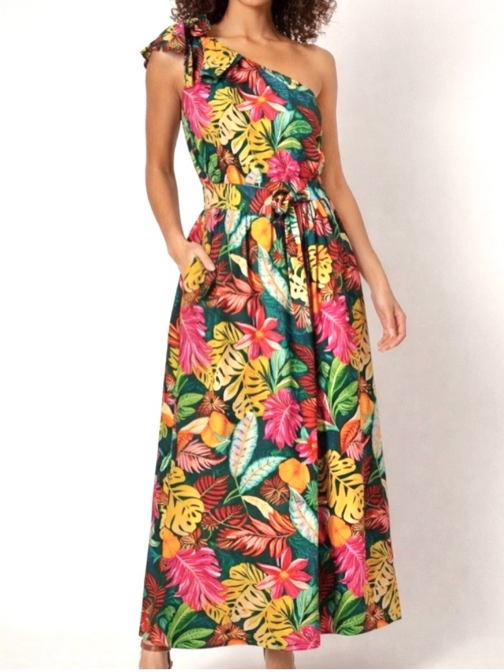 Gibson Latimer green floral one shoulder cotton dress